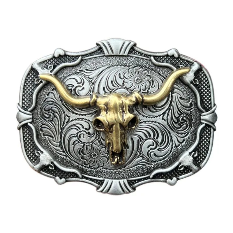 Fivela De Cinto Western Bull Skull Antigo Em Latão E Prata