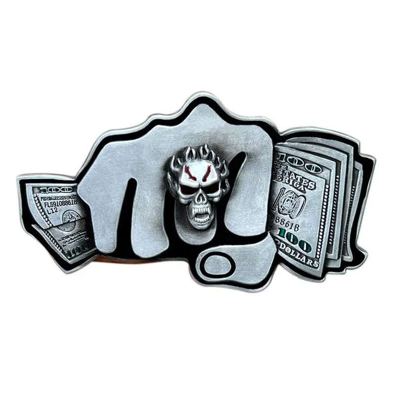 Fivela De Cinto Skull Fist &amp; Money Design Metal Alloy 61g