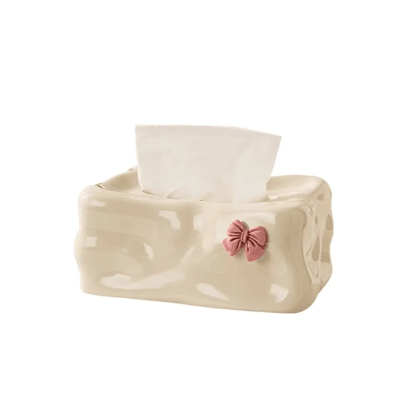 Tampa De Caixa De Lenços De Cerâmica Glacier Design Com Laço Rosa 20x14x8,5 Cm
