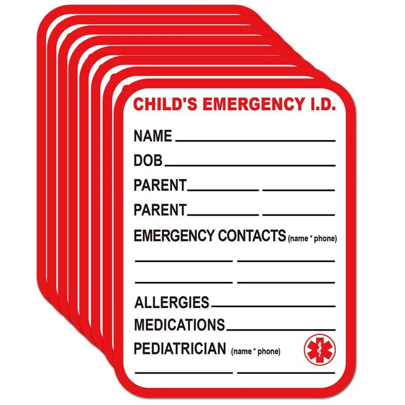 Pacote De Adesivos De Identificação De Emergência Para Crianças, 10 Unidades - Pvc 7,6 X 10 Cm