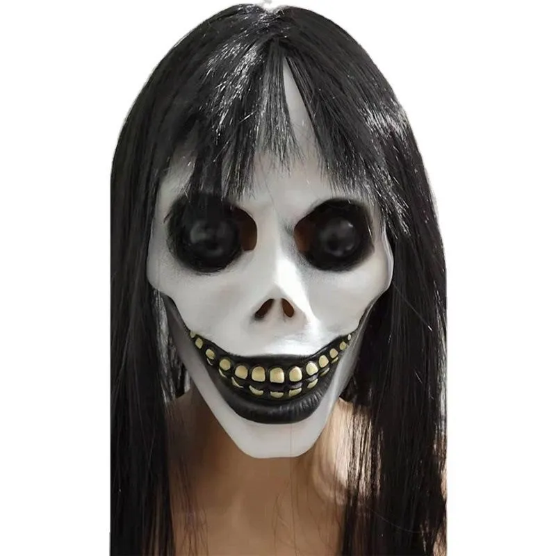 Máscara Facial De Cicatriz De Látex Scary Skull Com Cabelo Preto Para Mulheres