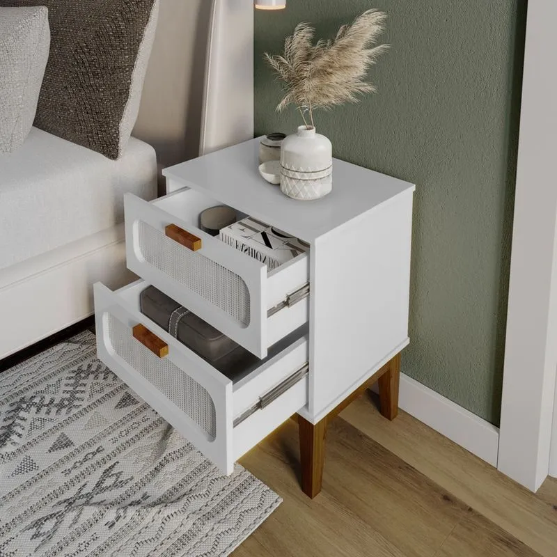 Mesa de Cabeceira Branca Santorini 45cm com 2 Gavetas e Pés de Madeira