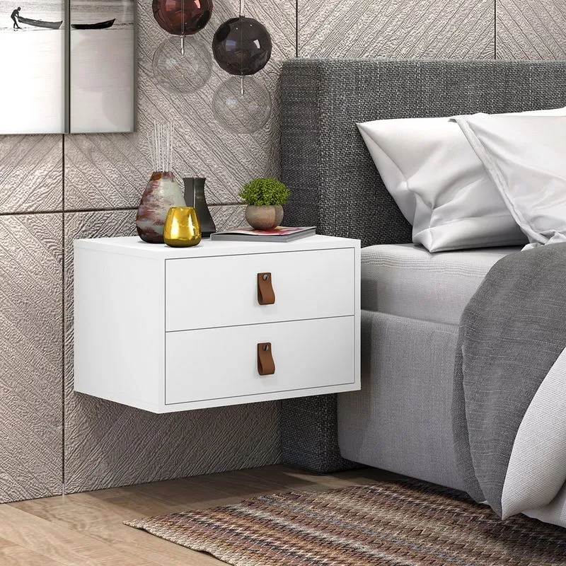 Kit Mesa de Cabeceira Suspensa Para Cama Casal Branco Fosco Unic 45cm 2 Gavetas Alça em Couro Rustico