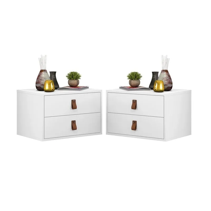 Kit Mesa de Cabeceira Unic 45cm Suspenso Aereo De Parede 2 Gavetas Branco Fosco Alça Em Couro