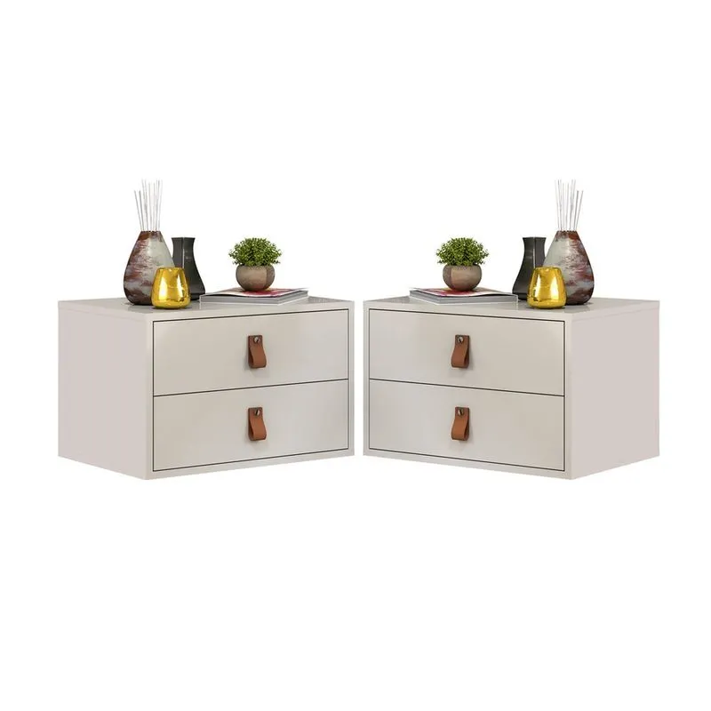 Kit Mesa de Cabeceira De Parede Unic 45 Off White Com Puxadores Alça em Couro 2 Gavetas Estilosas