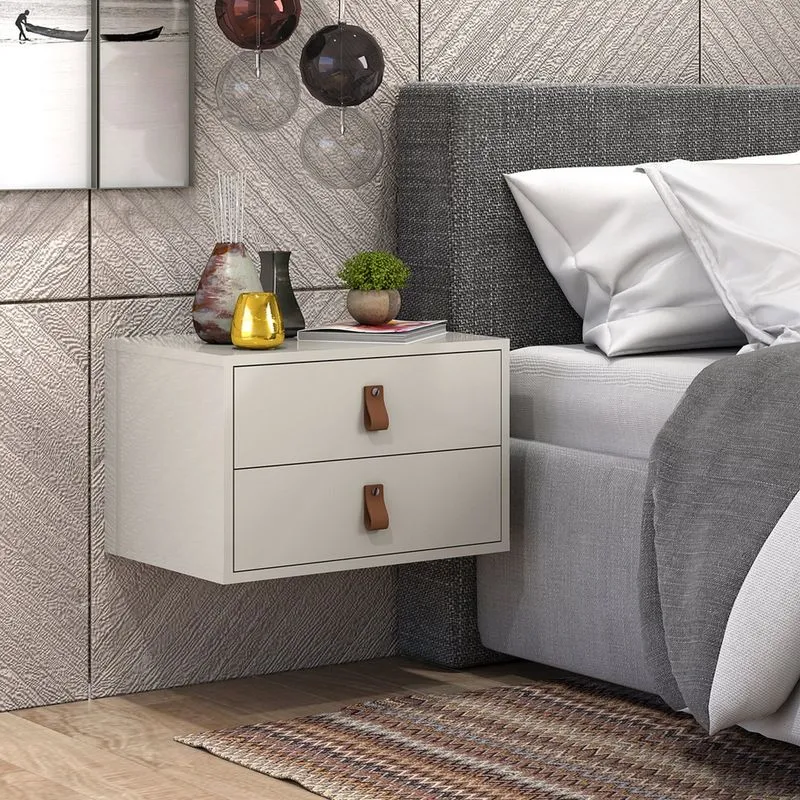 Kit 2 Mesa de Cabeceira Suspensa Off White Com Acabamento Brilhante Unic 45cm 2 Gavetas Estilo Classico