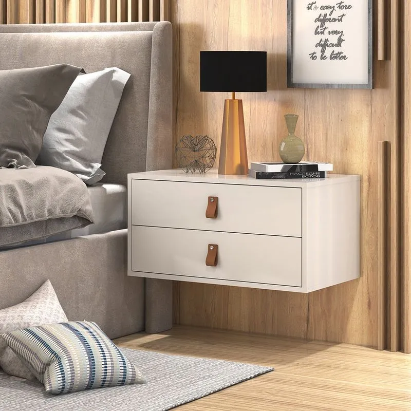Kit Mesa de Cabeceira Suspensa Para Cama Casal Off White Brilhante Unic 60cm 2 Gavetas Alça em Couro Rustico