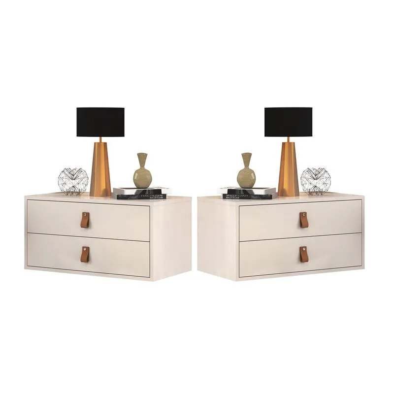 Kit Mesa de Cabeceira Para Quarto Off White Brilhante Suspensa Flutuante Unic 60cm Estilo Classico