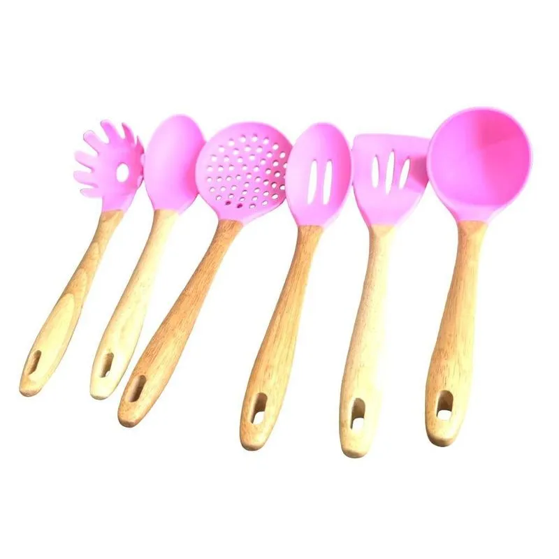 Kit Cozinha Talheres Silicone Utensílios Rosa 6 Peças