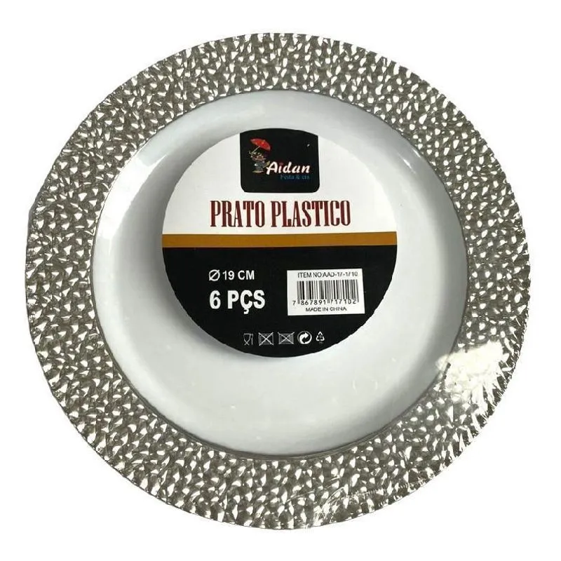 Prato Sobremesa Natal Borda Decorado Prata Acrílico-Kit 6Un