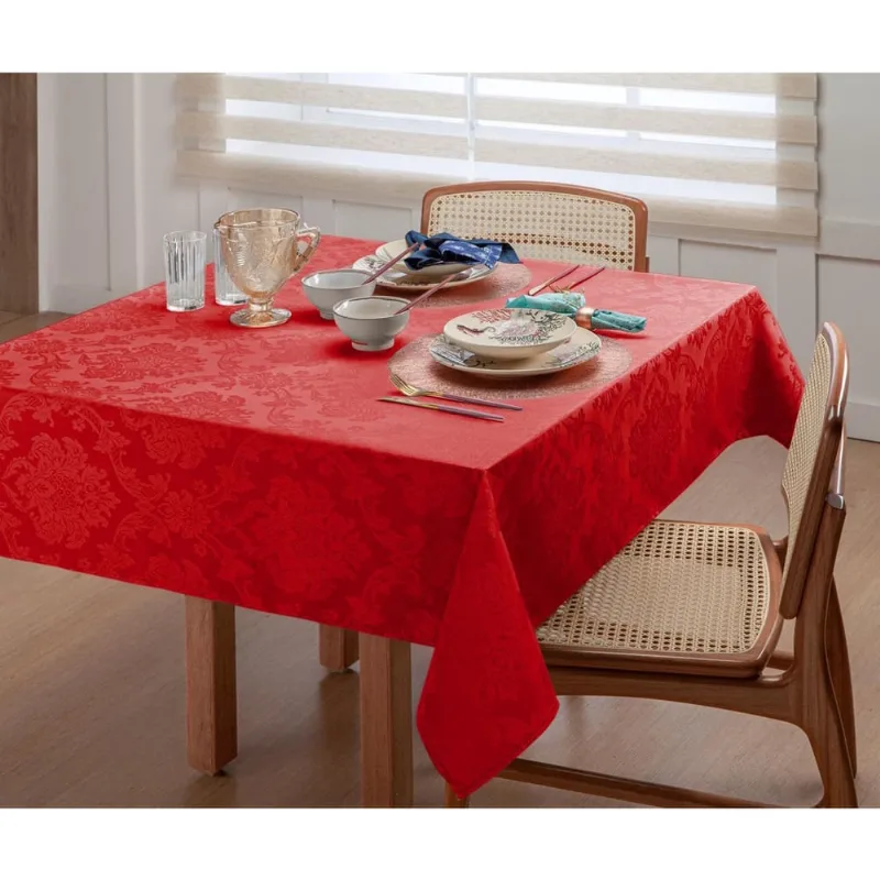 Toalha De Mesa 2 Metros E Meio Jacquard Vermelha 8 Lugares