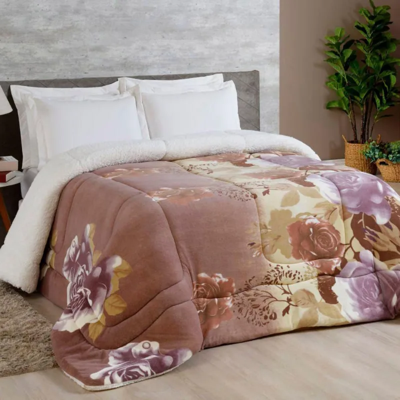 Coberdrom Magnus Casal Queen Dupla Face Sherpa Com Manta Soft Suave Quente - Flor Bege