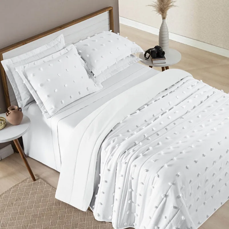 Kit Cobre Leito Colcha Sofist Padrão 3 Peças MicroPercal 300 Fios Detalhado Bolinhas - Branco