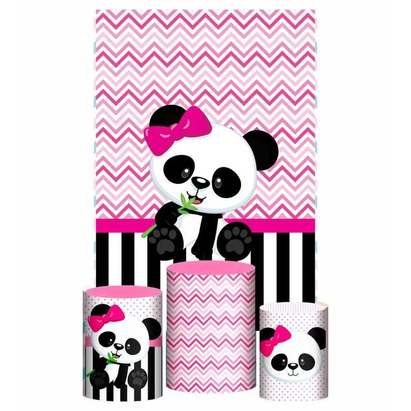 Kit Casado Panda Rosa Trio Capa Cilindro Retangular Tecido