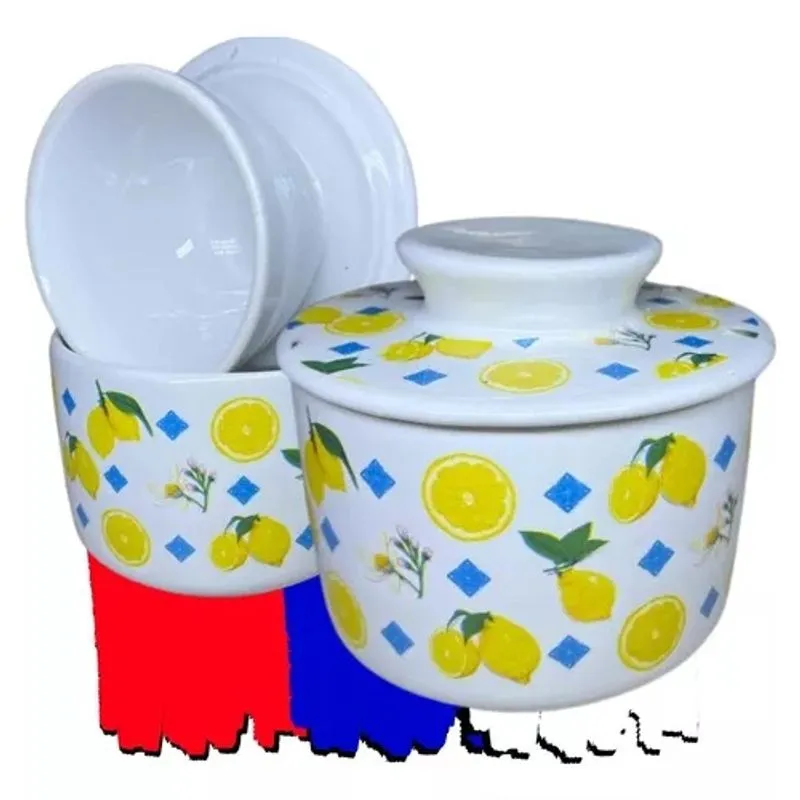 Manteigueira Francesa Decorada Limão Triangulo Azul