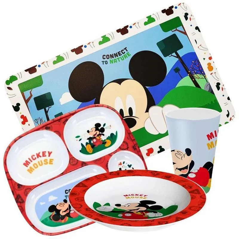Kit Refeição Infantil Mickey Mouse Disney 4 Peças Melamina Prato, Bandeja, Copo E Lugar Americano