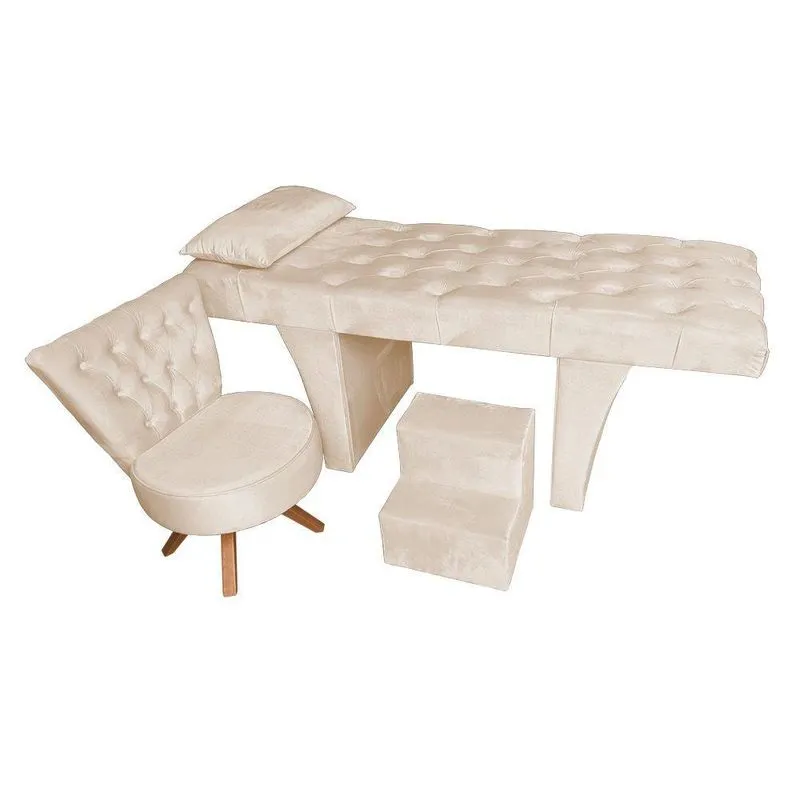 Kit Estética Completo Com Maca Para Massagem De 60cm De Largura, Escada E Mocho Fixo V8 Decor Bege