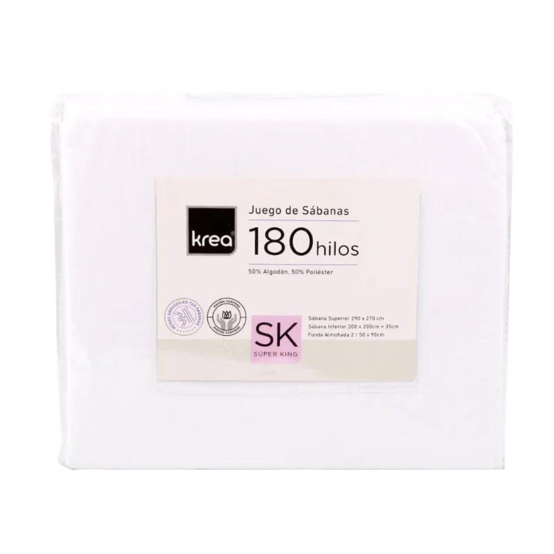 Juego de Sábanas Super King 180 Hilos Lisa Blanco Krea
