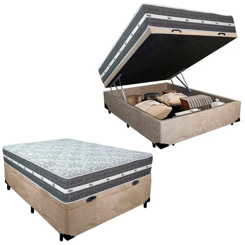 Cama Box Baú Casal Suede + Colchão Anjos Black Graphite Molas Ensacadas 138cm Suporta Até 120 Kg Por Pessoa Cor:bege