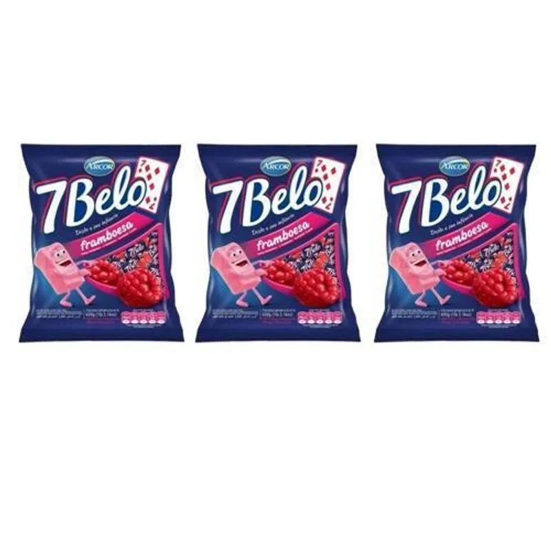 Kit 3 Pacotes De Bala 7 Belo Framboesa - 600g
