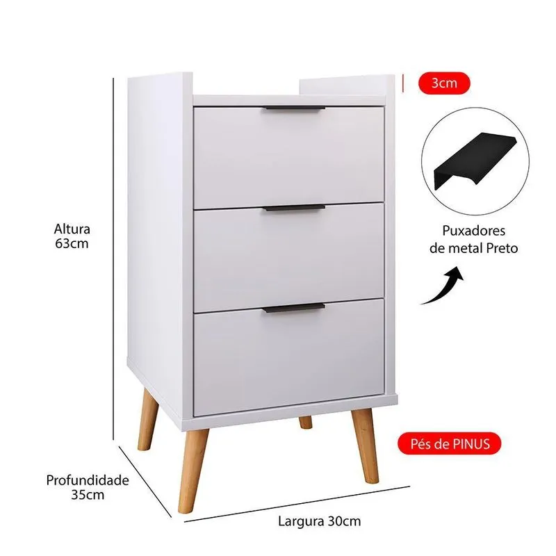 Mesa Cabeceira Pés Palito 3 Gavetas Branco - Comprar Móveis