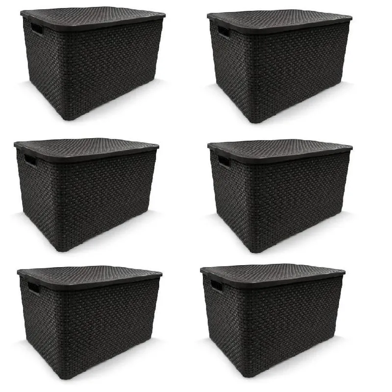 Kit 6 Caixas Organizadoras Rattan Com Tampa 20 Litros Preta