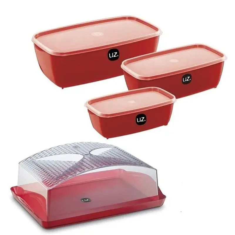 Kit Potes 3 Peças + Boleira Retangular Acrílica Uz Vermelho