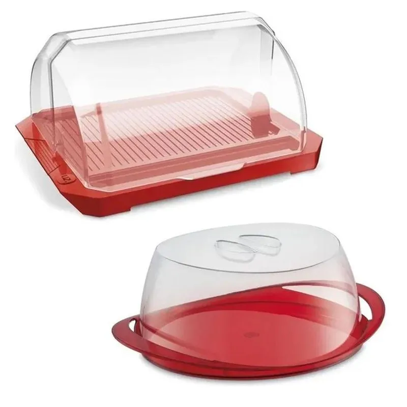 Kit Porta Pão Premium + Boleira Redondo Acrílica Vermelha