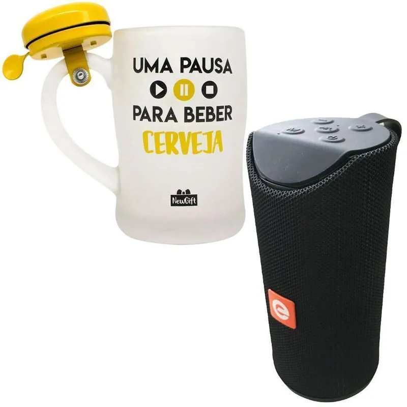 Kit Caixa Som Cs-m31bt Preta+ Caneca Campainha Pausa Cerveja