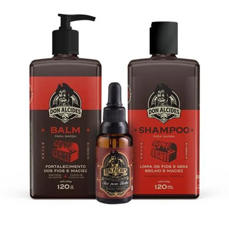 Kit Shampoo, Balm E Óleo Para Barba Barba Negra Don Alcides