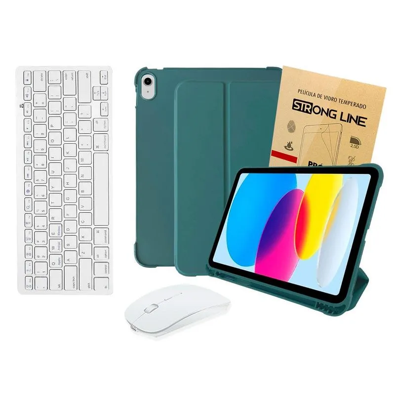 Kit Capa + Película + Teclado + Mouse Bluetooth - Branco