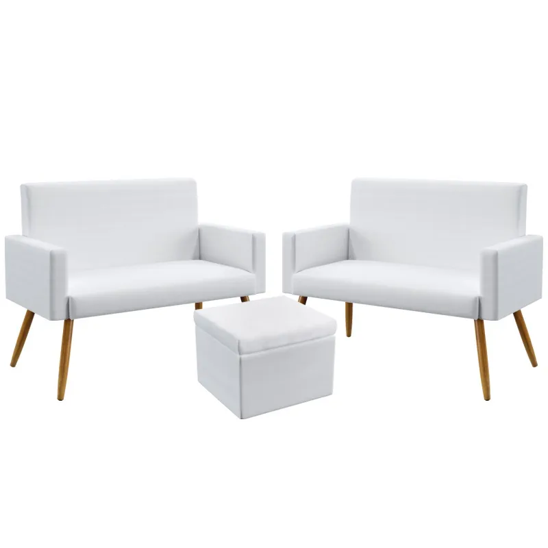 2 Poltronas Namoradeira Nina Estofada Sem Rodapé Com Puff Quasar Couro Branco Aradecor