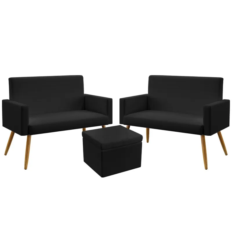 2 Poltronas Namoradeira Nina Estofada Sem Rodapé Com Puff Quasar Couro Preto Aradecor
