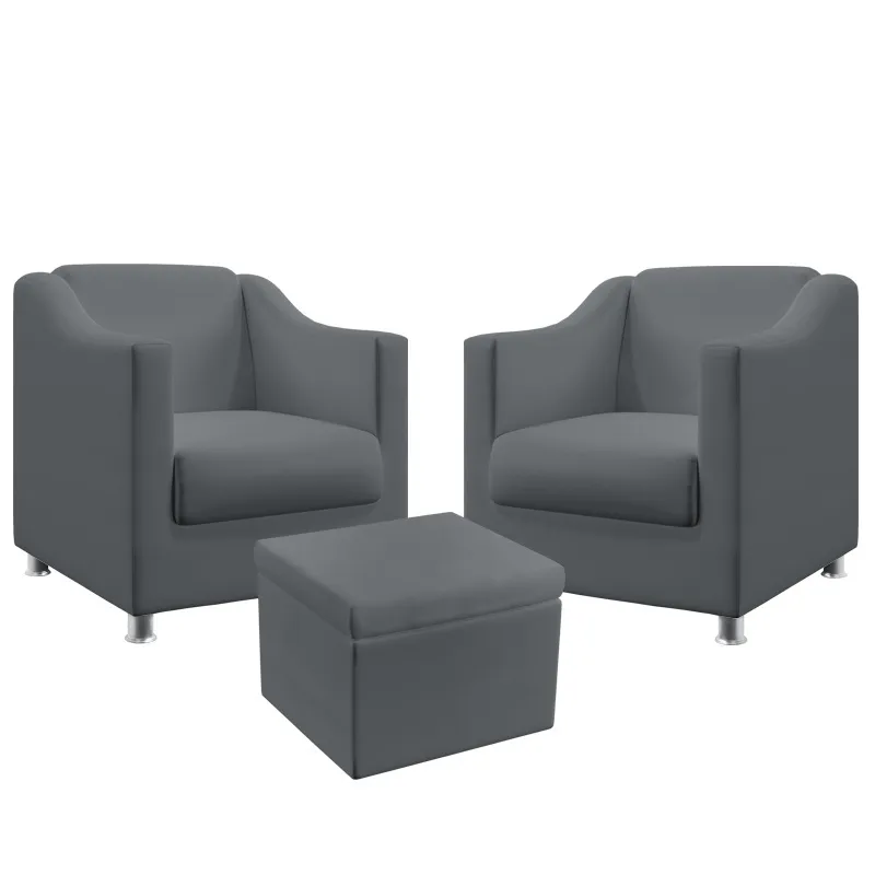 2 Poltronas Estofada Alya Com Puff Quasar Sued Cinza Aradecor