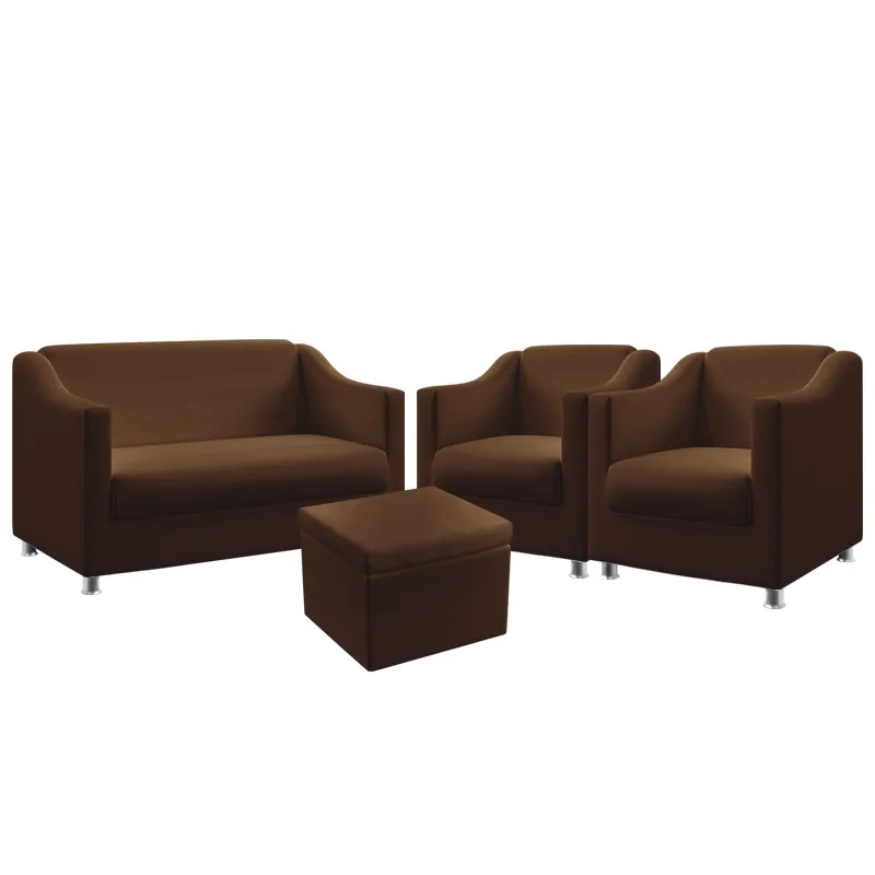 Kit Poltrona Namoradeira mais 2 Poltronas Para Sala de Estar Alya Com Puff Quasar Couro Marrom Aradecor