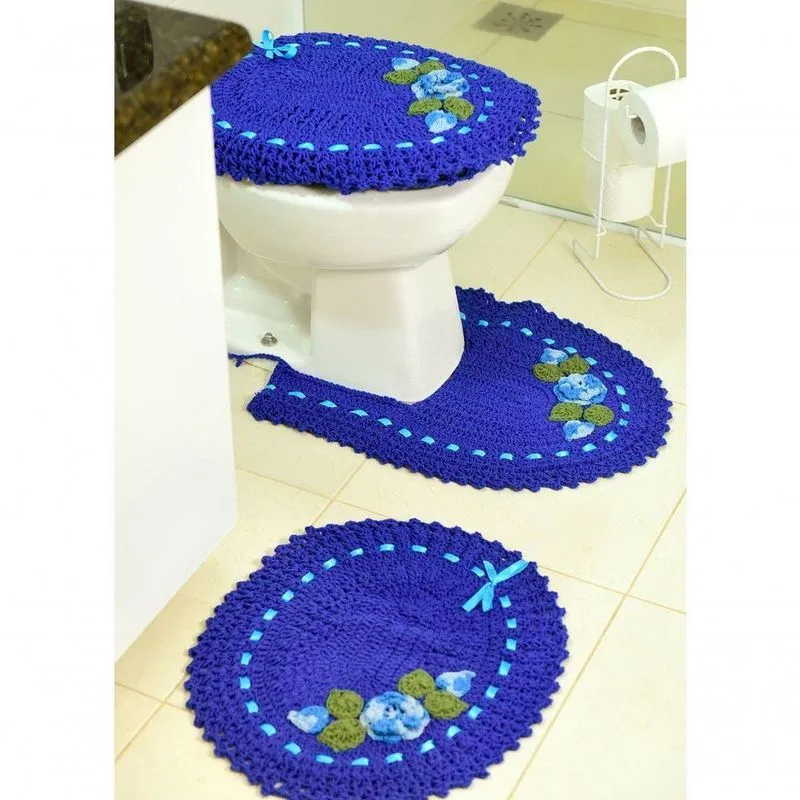 Jogo De Tapete De Croche Para Banheiro Jogo Com 3pç Bordado Cor:azul Royal