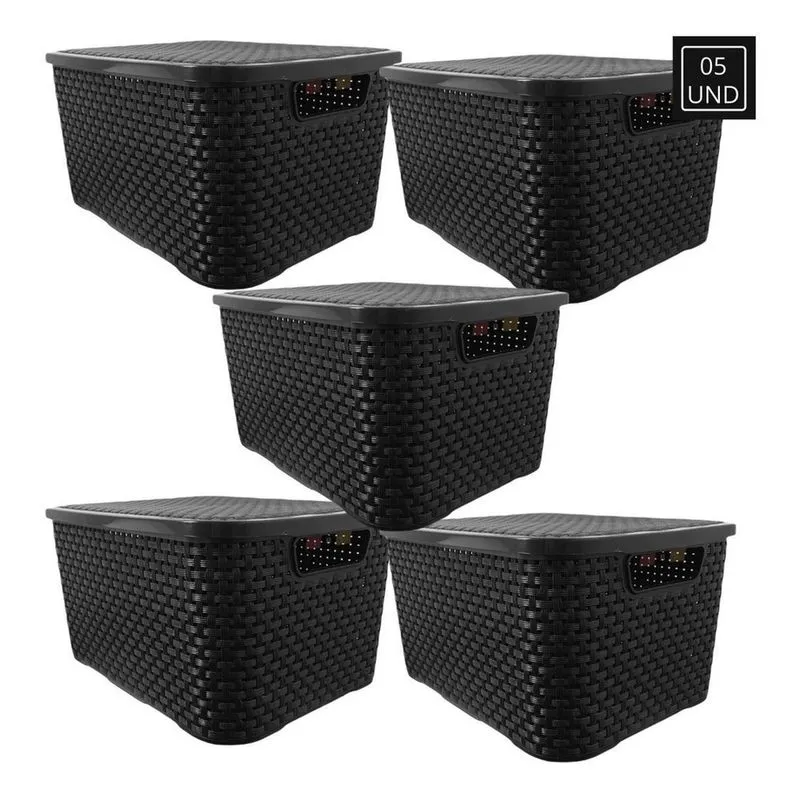 Caixa Plastica Organizadora Pequena Rattan Preto 7L - 5 Unid