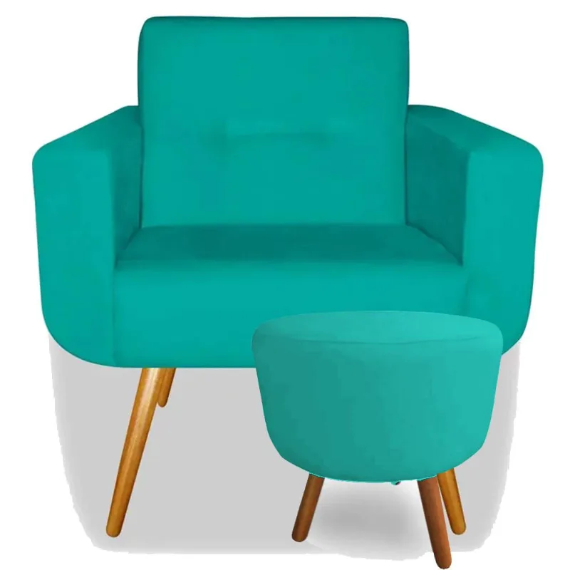 Kit Poltrona Decorativa Anitta com Puff Redondo Pés Madeira Suede Turquesa