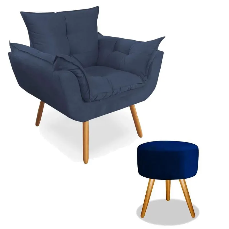 Kit Poltrona Decorativa Opala Deluxe com Puff Redondo Suede Azul Marinho