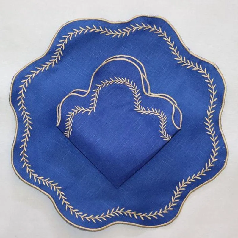 Kit Conjunto Sousplat Jogo Americano Bordado Com Guardanapo Para 3 Lugares Azul Caneta