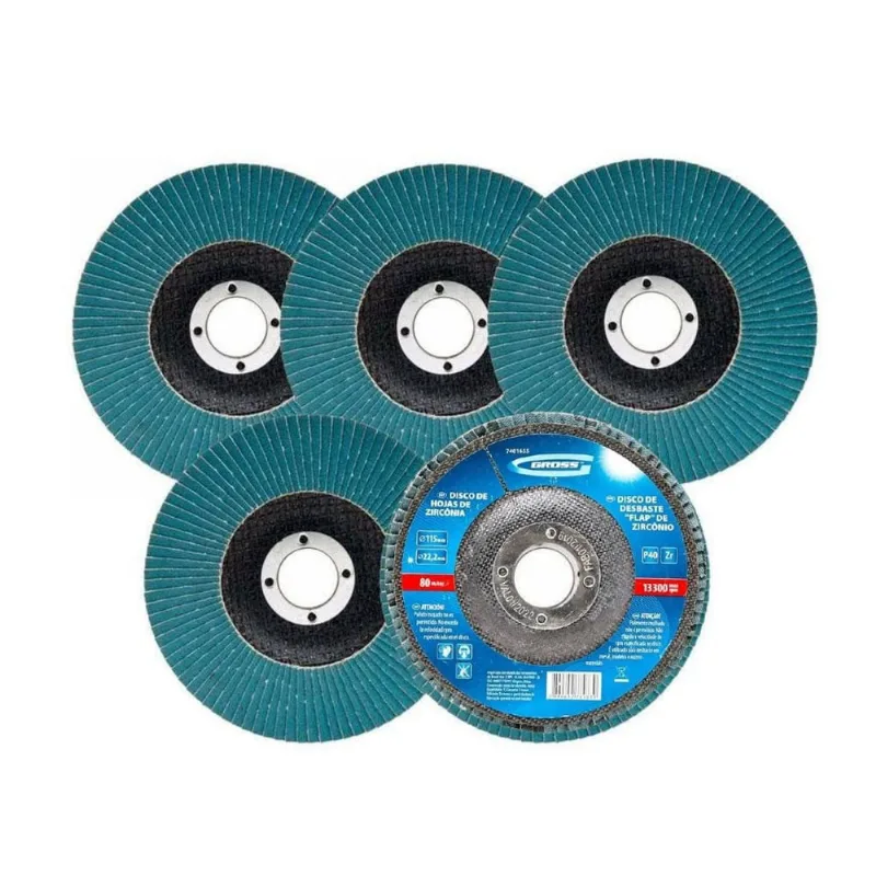 Kit 5 discos desbaste flap de zirconio grao 40 D 115X 22MM