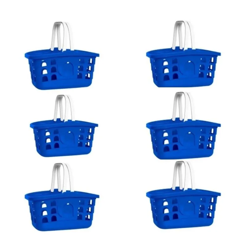 Kit 6 cestas de compras azul 10 litros com alça branca