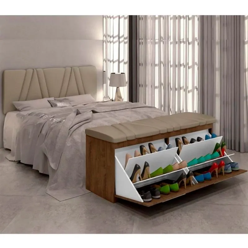 PAINEL CABECEIRA E CALÇADEIRA SAPATERIA NEW MILLE 140 CM CASTANHO SUEDE BEGE