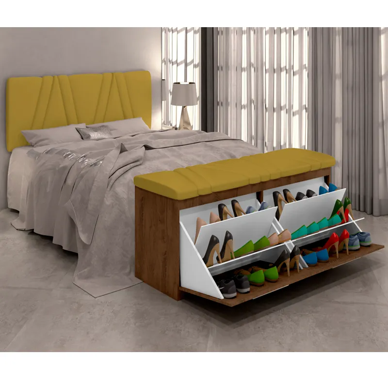 PAINEL CABECEIRA E CALÇADEIRA SAPATERIA NEW MILLE 140 CM CASTANHO SUEDE AMARELO