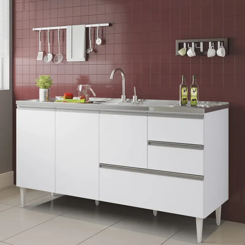 Gabinete Balcão Para Pia 150 Cm com Gavetão Branco Branco
