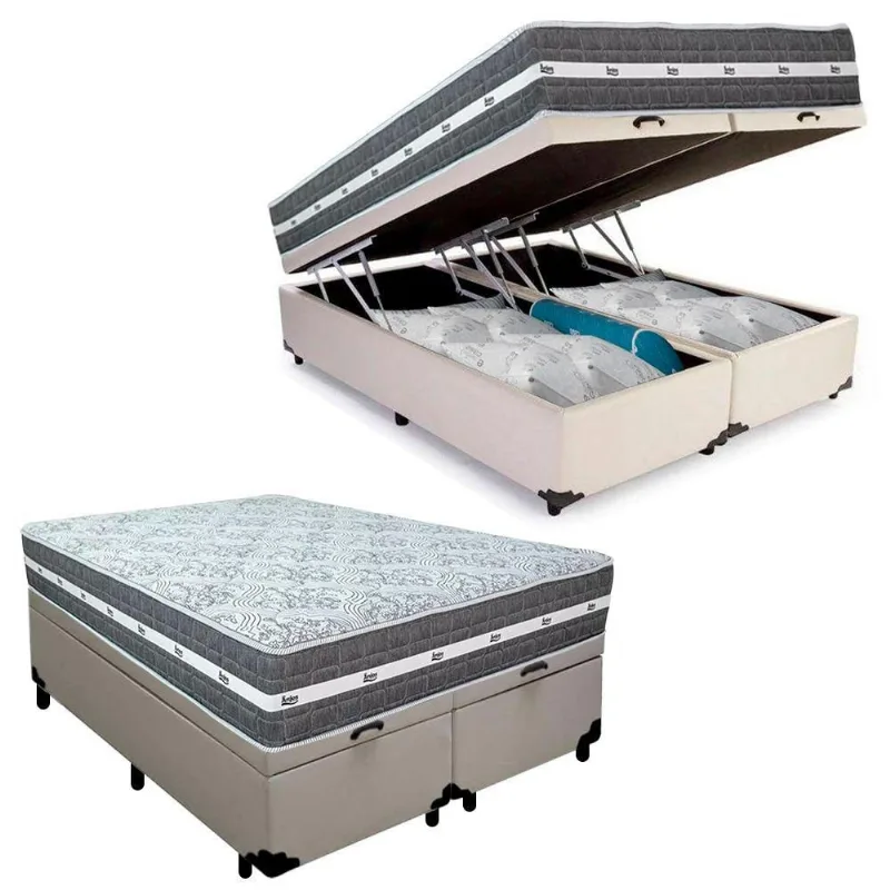 Cama Box Baú Casal Bipartido Sintético + Colchão Anjos Black Graphite Molas Ensacadas 138cm Suporta Até 120kg Por Pessoa