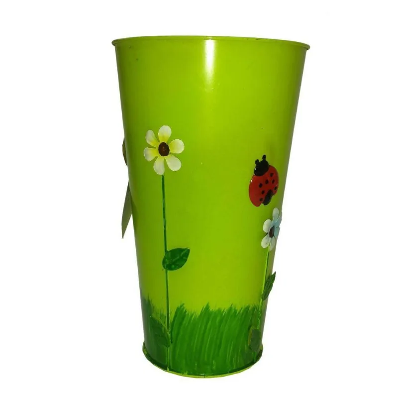 Vaso Balde Metal Verde Enfeite Jardim Joaninha Flor Varanda
