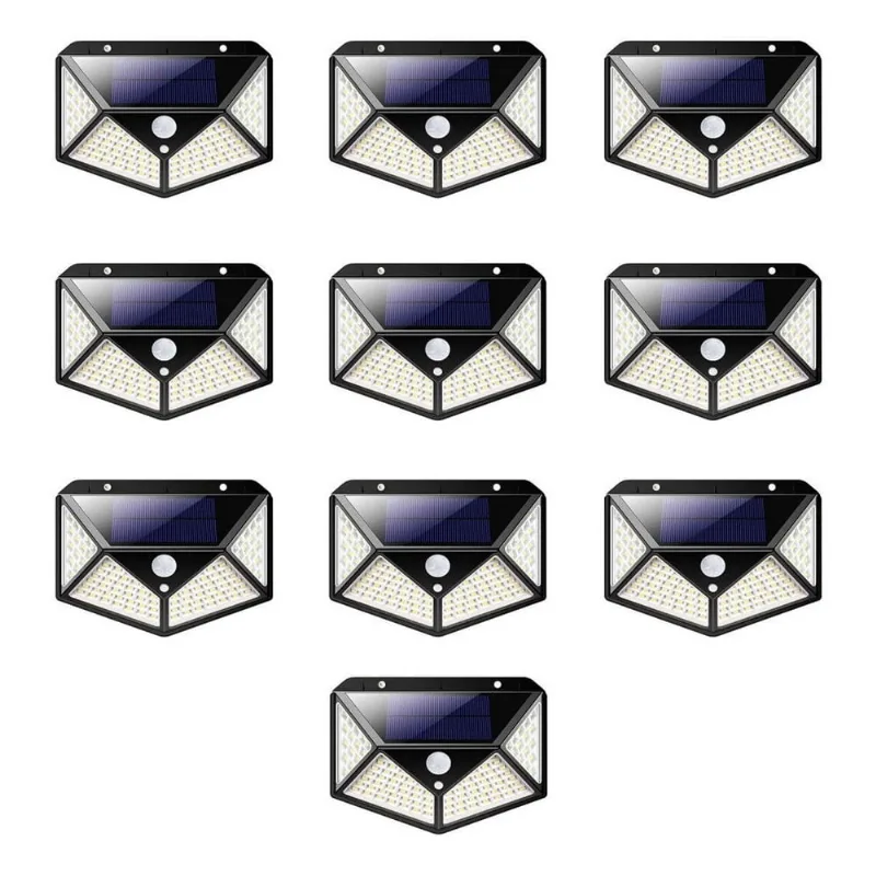 Luminaria Solar 100 leds branco quente Sensor de Movimento Presença Kit 10 Uni 3 Funçoes Lampada Iluminaçao