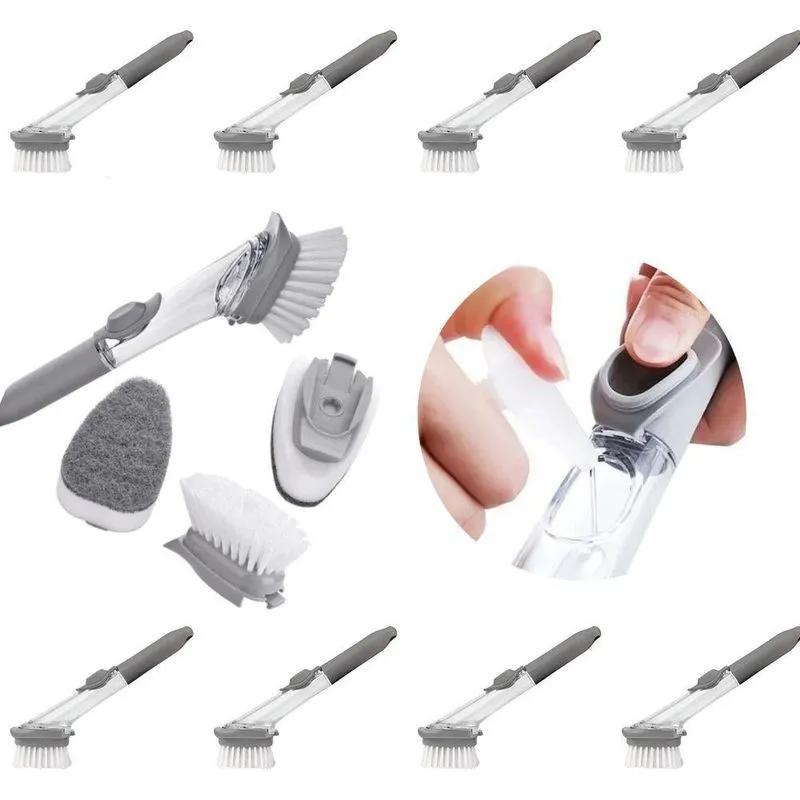 Escova De Limpeza 2 Em 1 Dispenser Detergente Esponja Limpa Cozinha Louça Kit Com 9