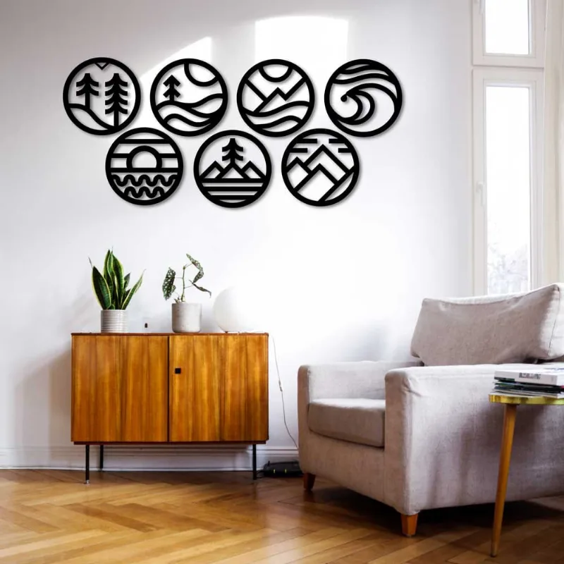Conjunto 7 Quadros Circulares Paisagens em mdf 6mm Vazado